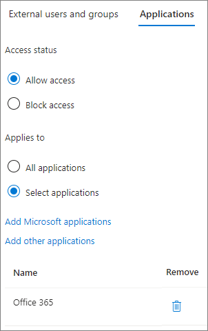 Screenshot of an allowed application in the inbound cross-tenant access settings for an external organization.