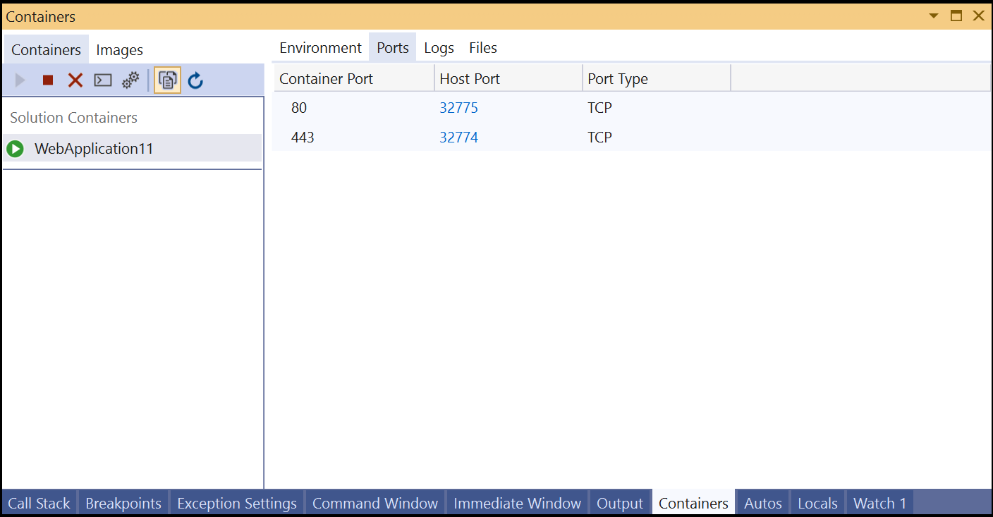 Screenshot of Ports tab in Containers window.