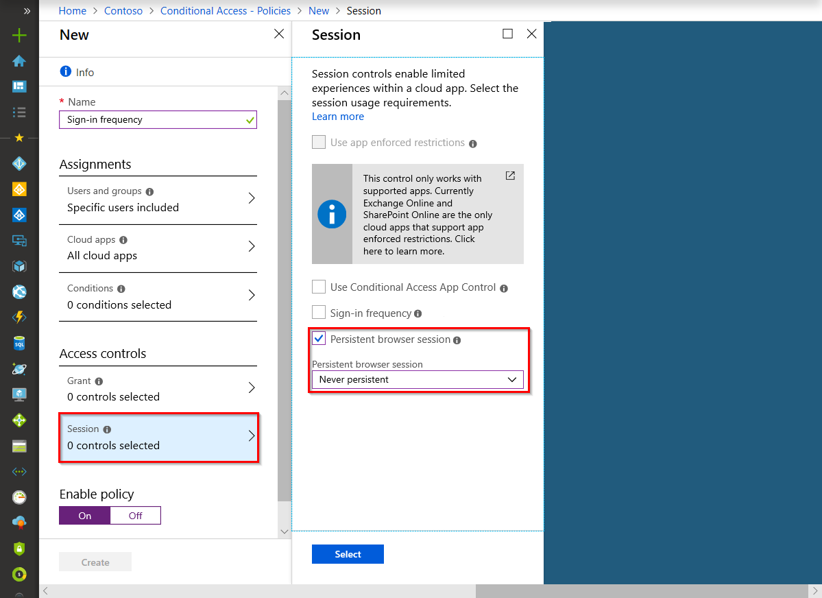 Conditional Access policy configured for persistent browser