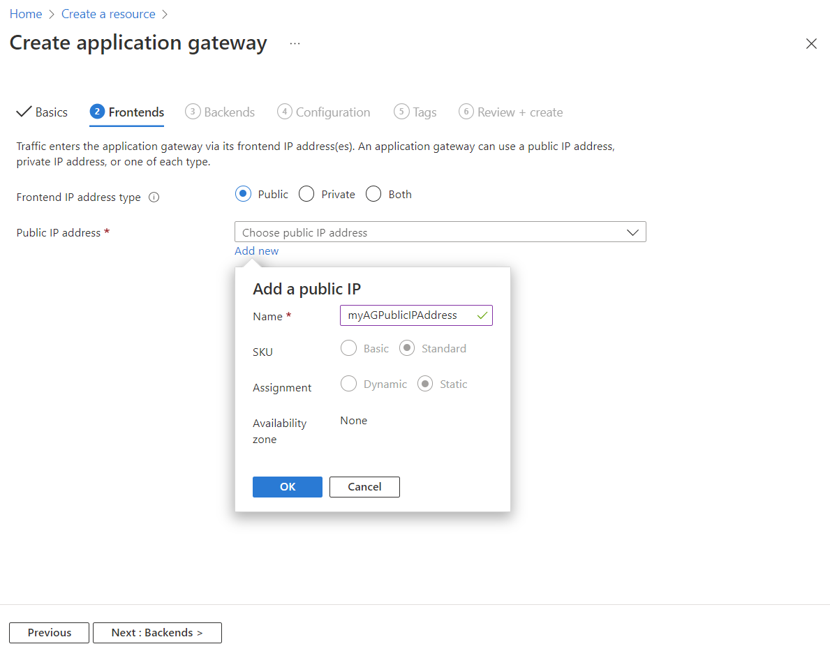 Screenshot of Create new application gateway: Frontends.
