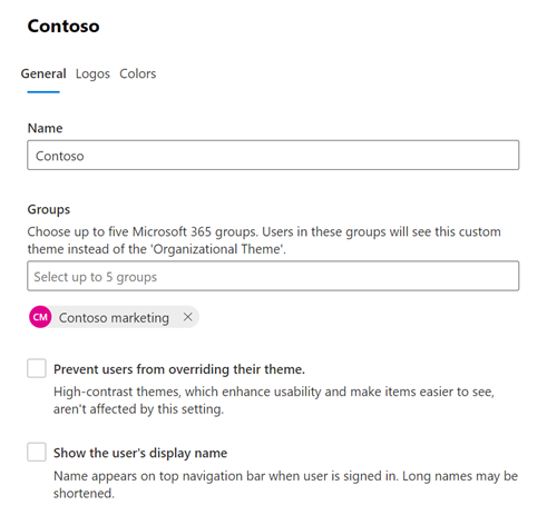 Screenshot: General tab showing the default theme for a group of users in your organization
