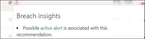 Example of a breach insights text that could show up when hovering over icon. This one says "possible active alert is associated with this recommendation.