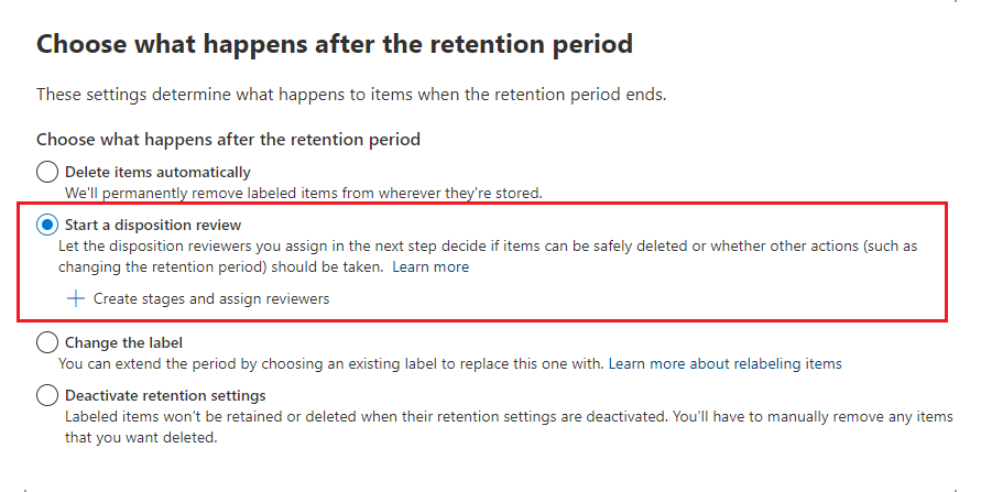 Retention settings for a label.