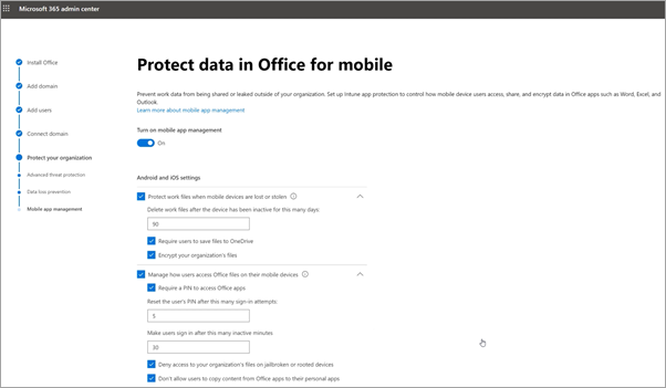 Screenshot of Protect data in Office for mobile page.