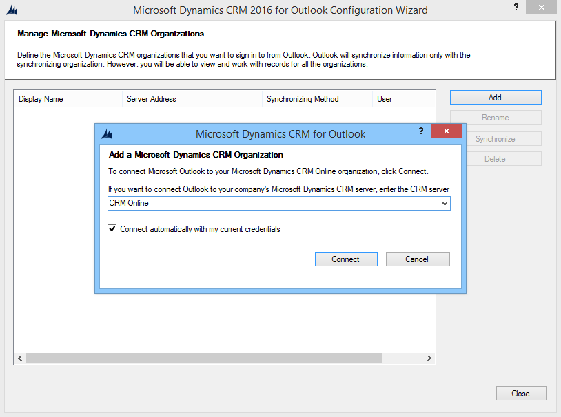 Screenshot of the Microsoft Dynamics C R M for Outlook dialog box.