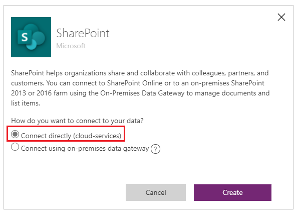 Lai izveidotu savienojumu ar SharePoint Online, atlasiet Izveidot tiešu savienojumu (mākoņpakalpojumi).