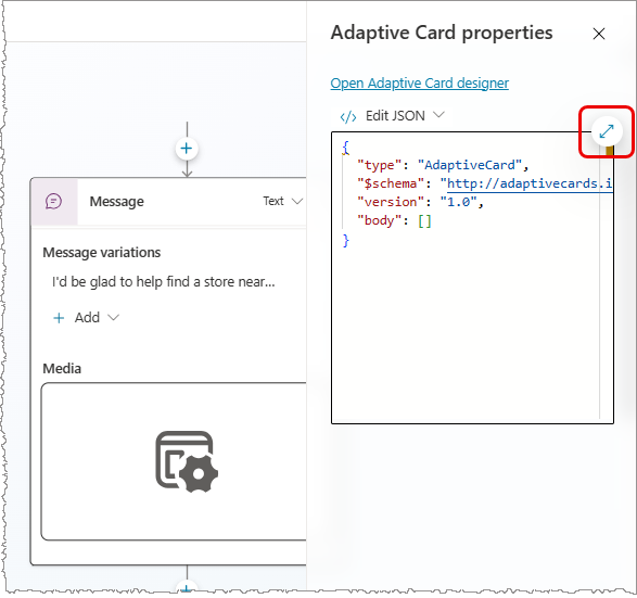 Screenshot of a Message node with an Adaptive Card, with the Expand icon highlighted.