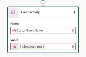 Screenshot showing the settings menu for an Event activity node.