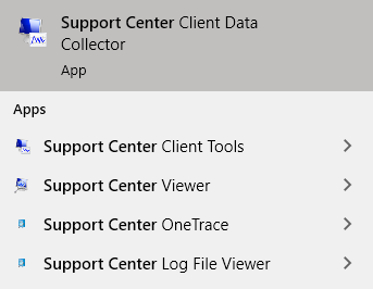Start menu showing five Support Center tools