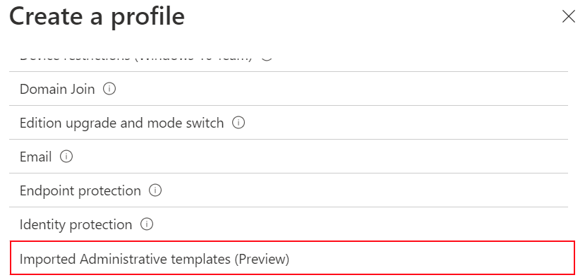 Screenshot that shows how to select imported administrative templates to create a device configuration profile using the imported ADMX settings in Microsoft Intune and Intune admin center.