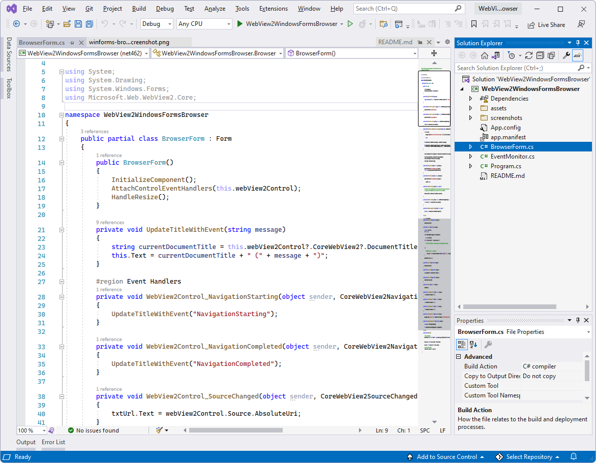 The WebView2WindowsFormsBrowser project in Visual Studio