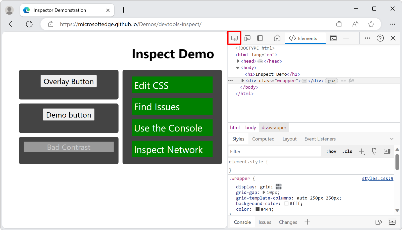 The Inspect tool button in the upper left of DevTools