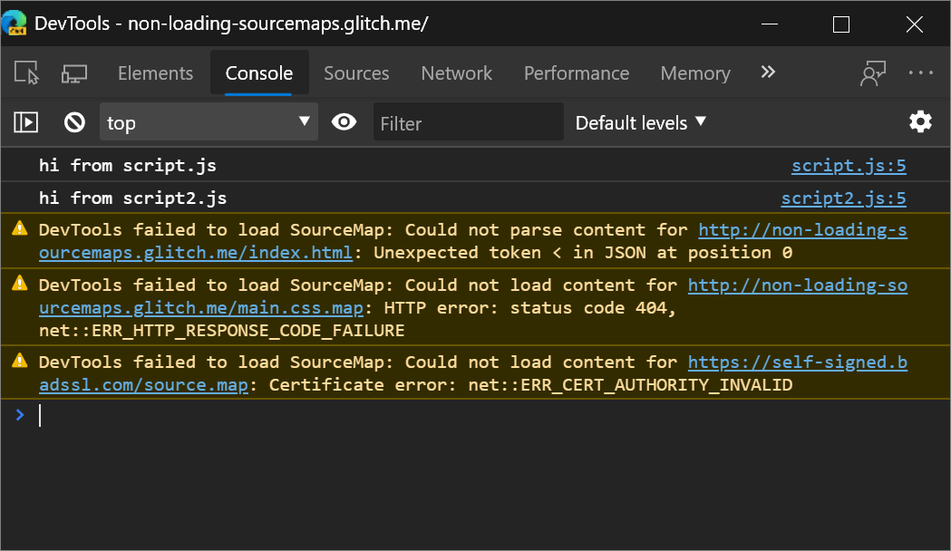 A source map loading error in the Console