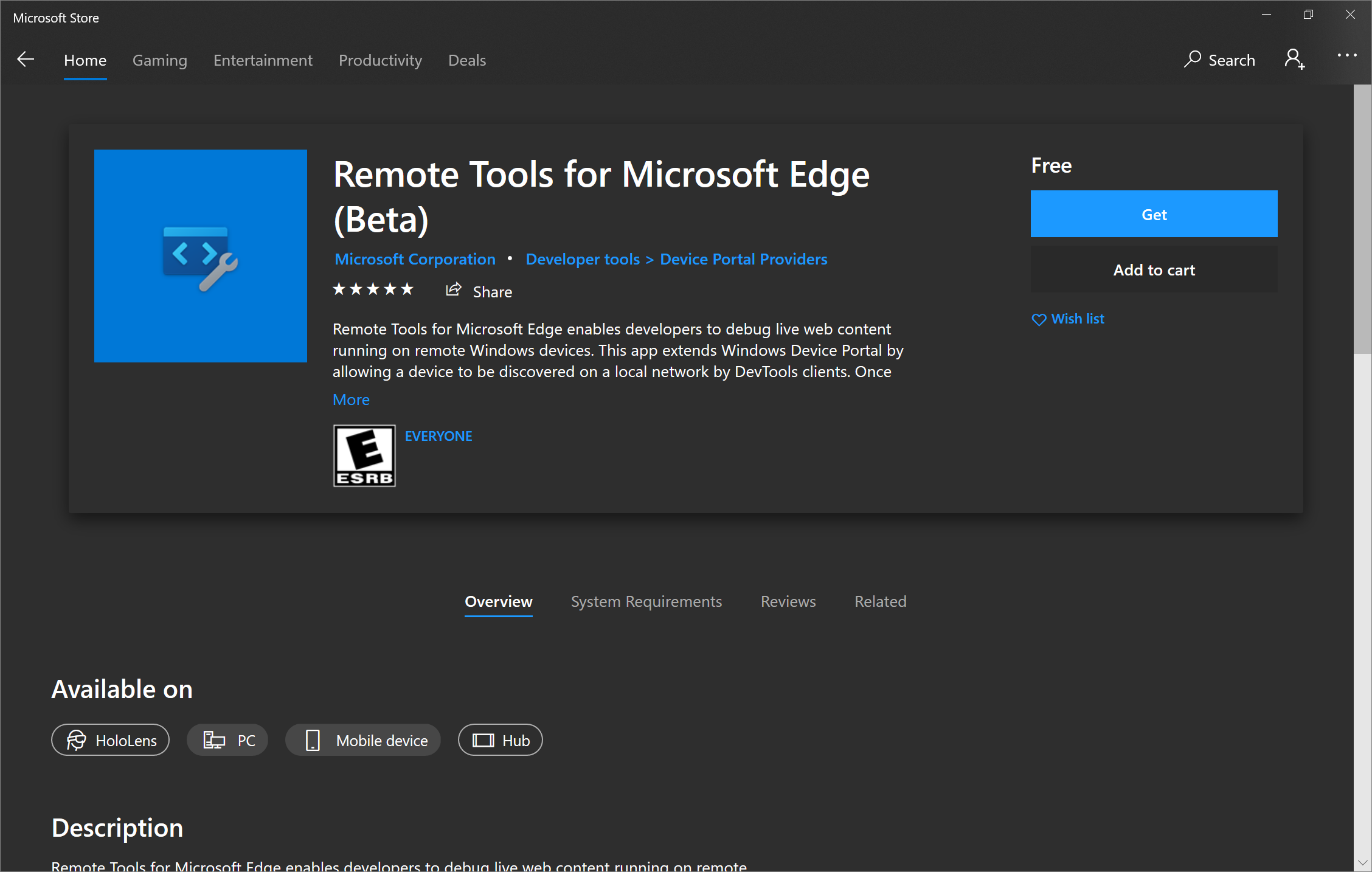 The Remote Tools for Microsoft Edge (Beta) app available in the Microsoft Store