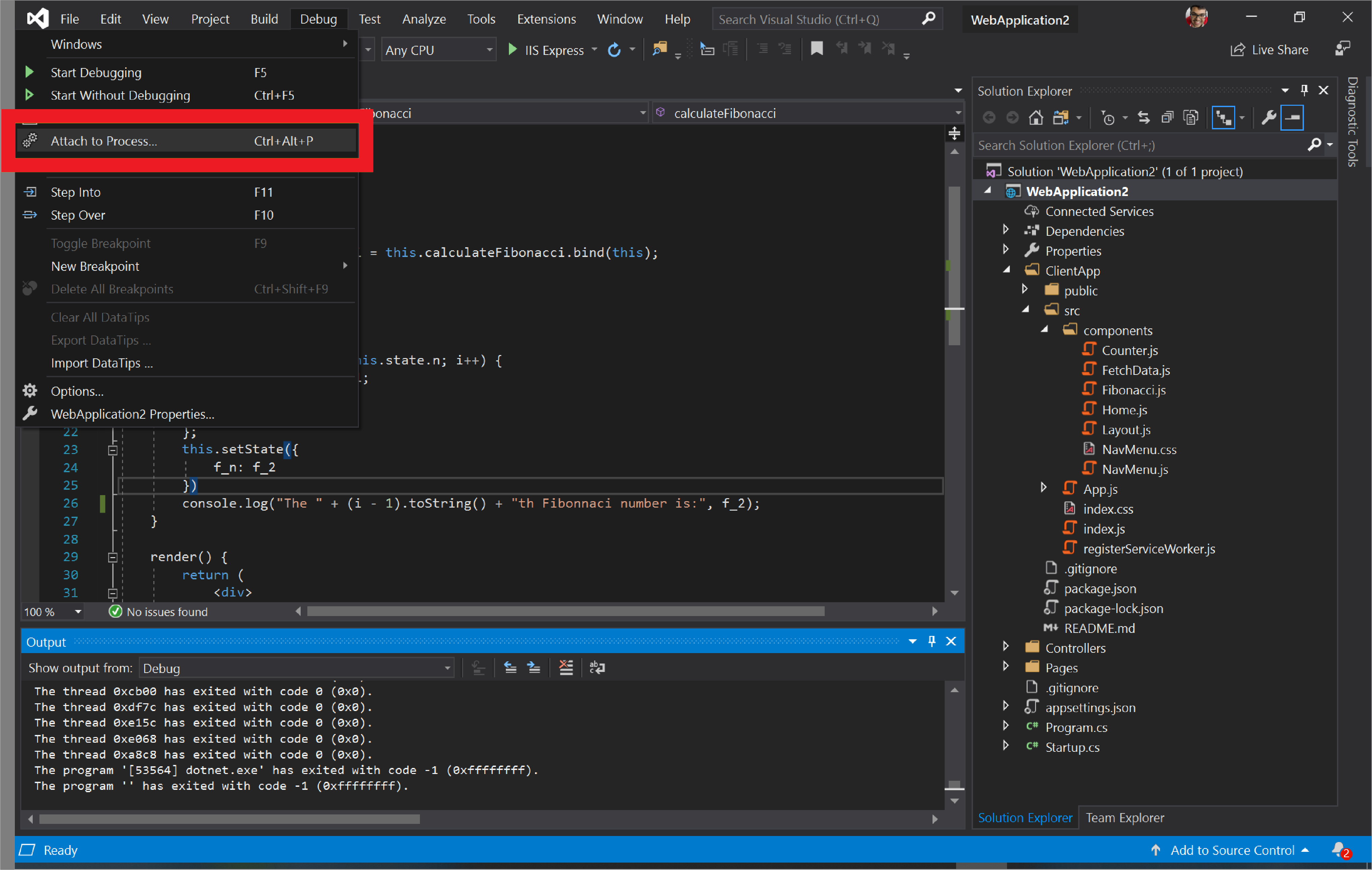 Selecting 'Debug > Attach to Process' in Visual Studio