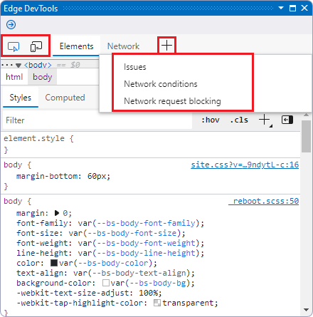 The Edge DevTools window of Visual Studio, undocked