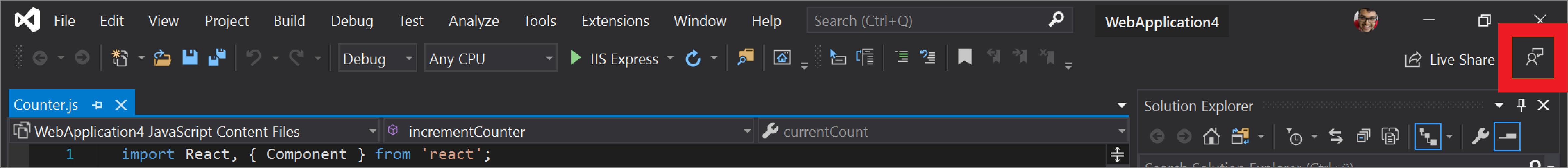The Send Feedback icon in Visual Studio