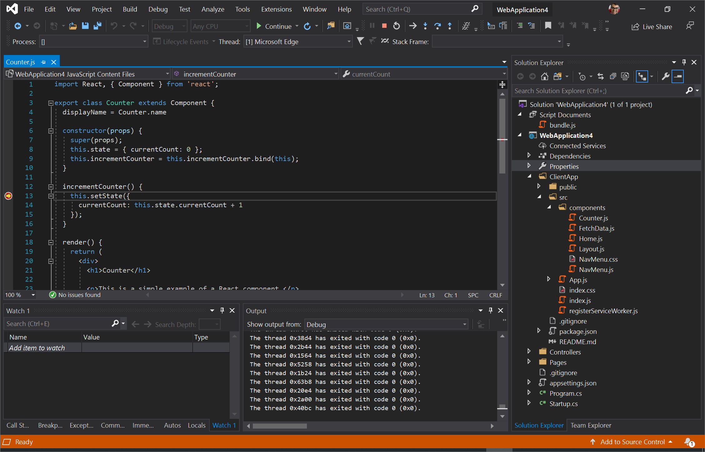 Visual Studio pauses JavaScript running in Microsoft Edge