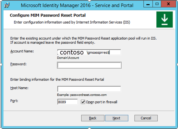The Configure MIM Password Reset Portal window
