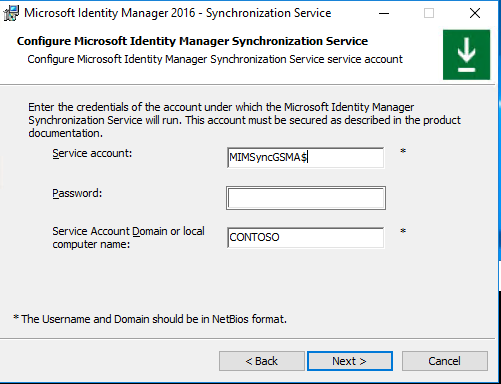The Configure Microsoft Identity Manager Synchronization Service window