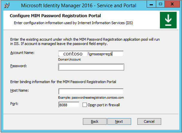 The Configure MIM Password Registration Portal window