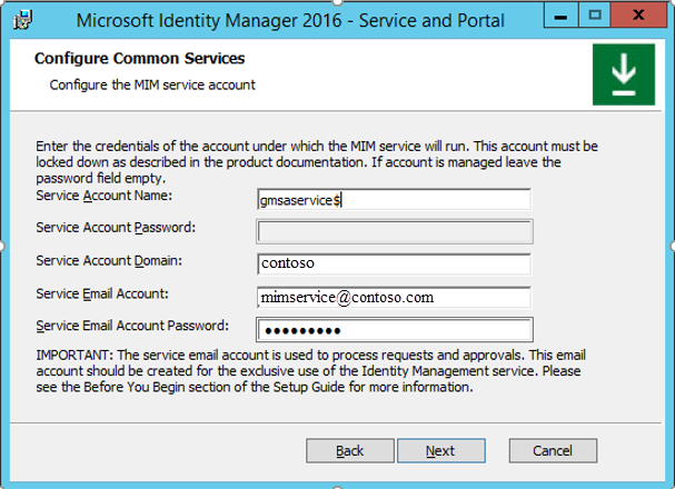 The "Configure the MIM service account" window