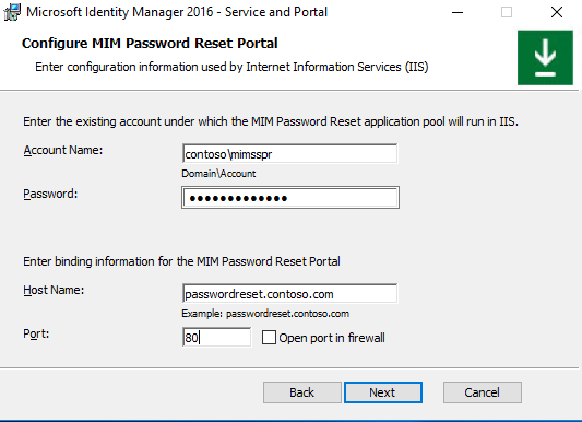 Enter configuration information used by password reset web site