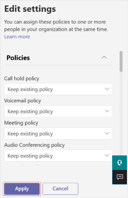 Screenshot that shows the options to change the existing policies.