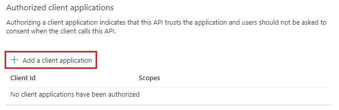 Screenshot shows the Add a client application option highlighted under Authorized client applications.