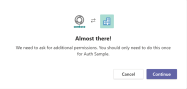 Teams dialog box informing about additional permissions required