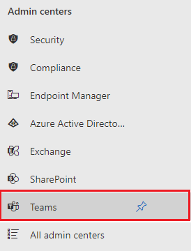 Screenshot of Admin centers with Teams option highlighted in red.