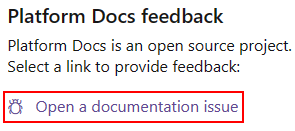 Screenshot shows the option to open a documentation issue for platfrom docs.