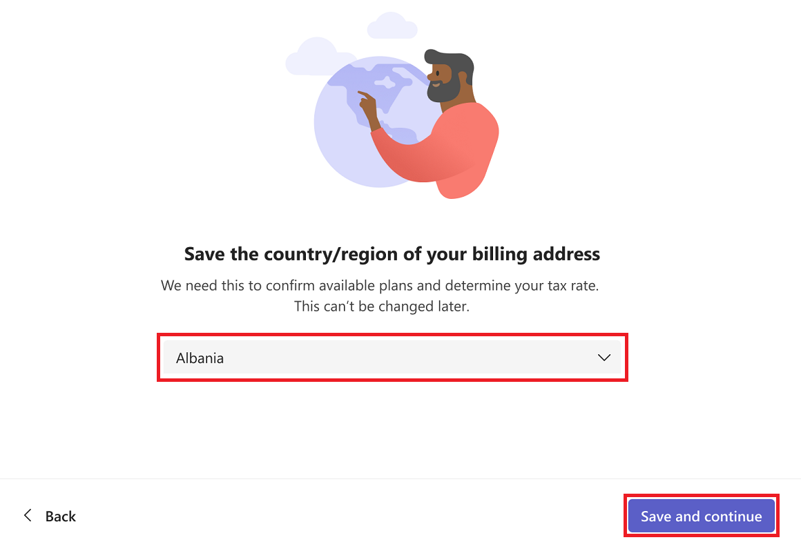 Screenshot shows option to select the country or region.