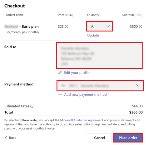 Screenshot shows placing the subscription order.
