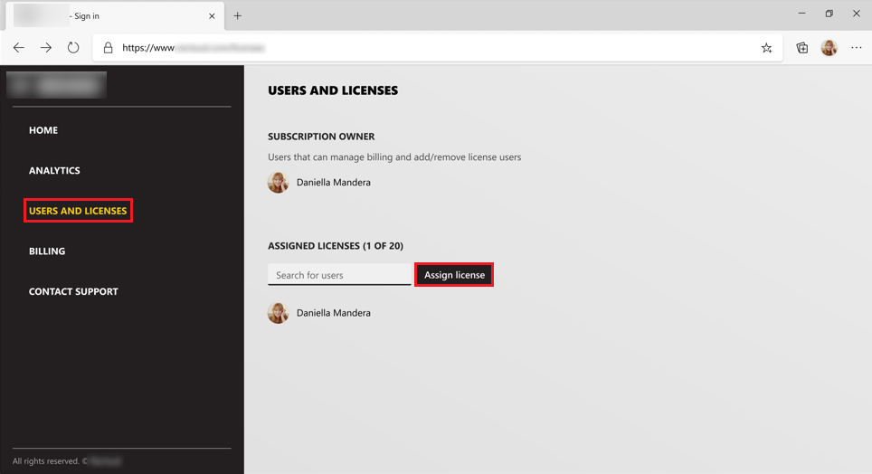 Screenshot shows User and Licenses screen to assign license.