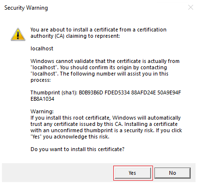 Screenshot of Security Warning with the Yes option highlighted in red.