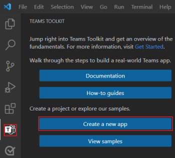 Screenshot shows the location of the Create New Project link in the Teams Toolkit sidebar.