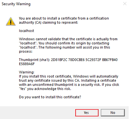 Screenshot shows the certification authority to install the certificate.
