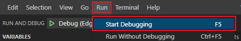 Screenshot shows the Start debugging option.