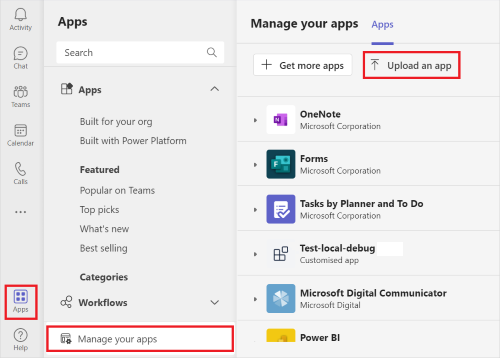 Screenshot shows the Upload an app option under Manage your apps.