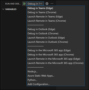 Screenshot shows the debug dropdown menu in Teams Toolkit.