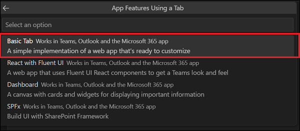 Screenshot shows the Basic Tab option highlighted to create a new app feature using a tab.