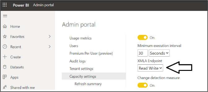 XMLA Read Write setting in the Admin portal.