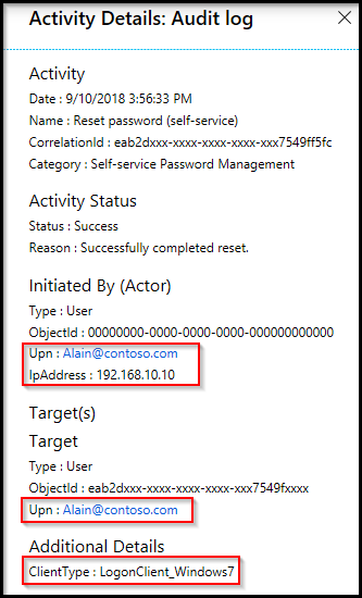 Example Windows 7 password reset in the Azure AD Audit log