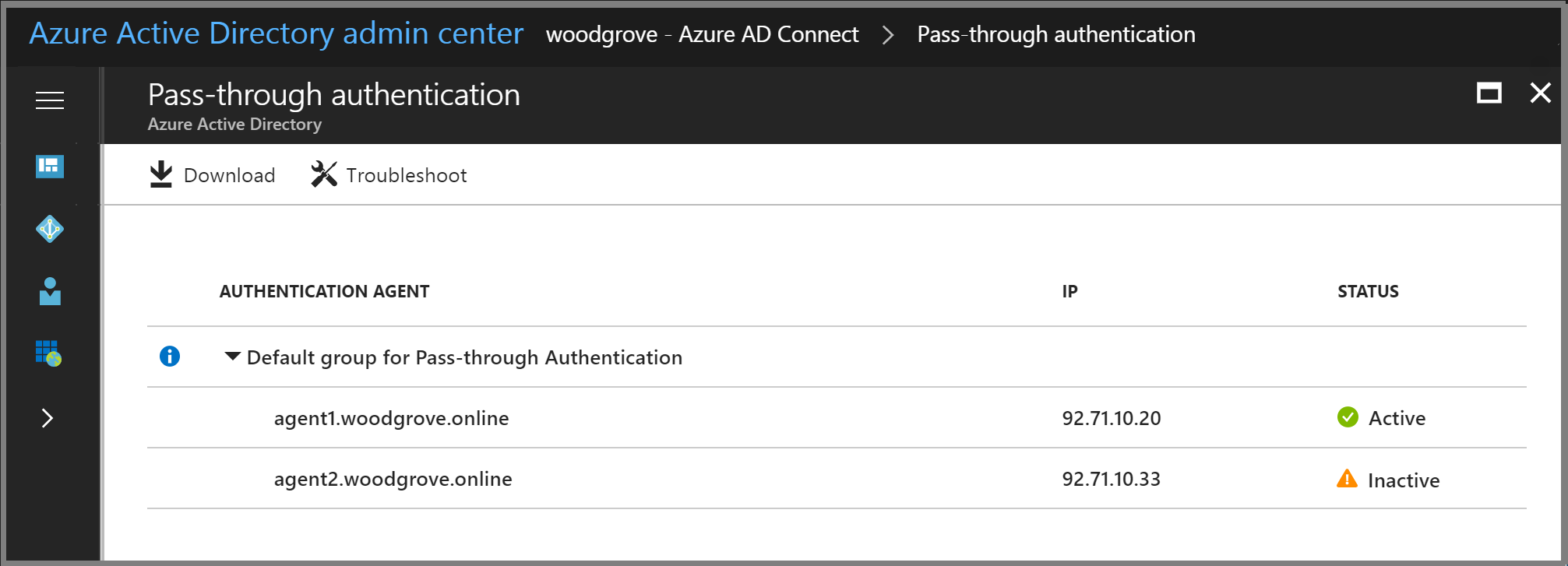 Azure Active Directory admin center - Pass-through Authentication blade