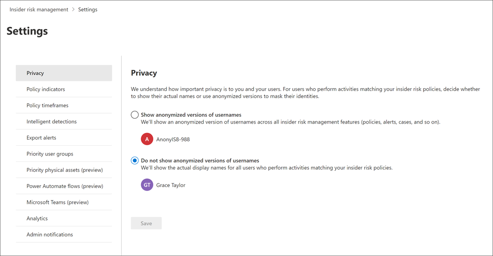 Insider risk management privacy settings.