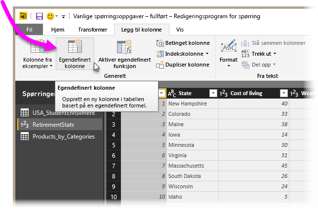 Screenshot of the Power Query Editor with Custom Column highlighted.