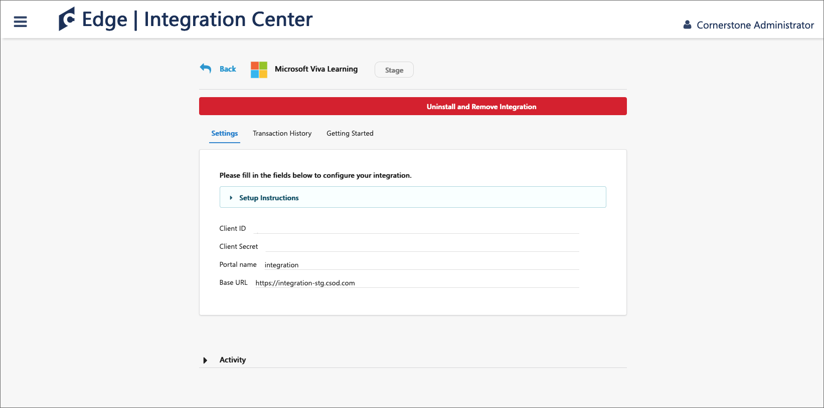 Screenshot of the configuration screen where you can find your Client ID, Client Secret, Portal name, and Base URL.
