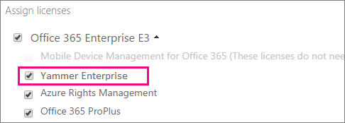 Assign licenses section of Microsoft 365 admin center with Yammer Enterprise license available to assign.