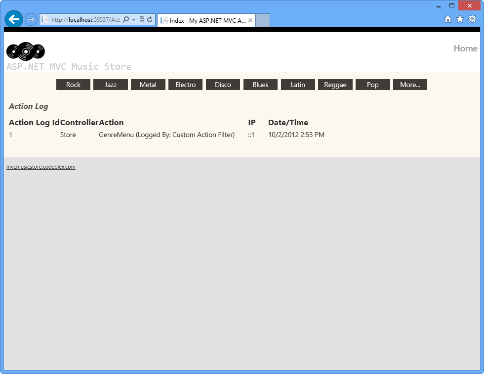 Screenshot shows the Action Log status before page activity.